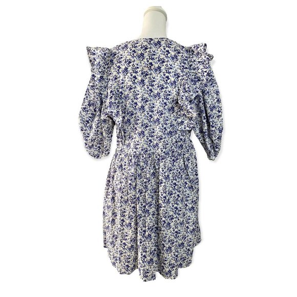 H&M Women’s Blue and White Floral Anglaise Puffed Sleeves Oversized Mini Dress M - Picture 2 of 11